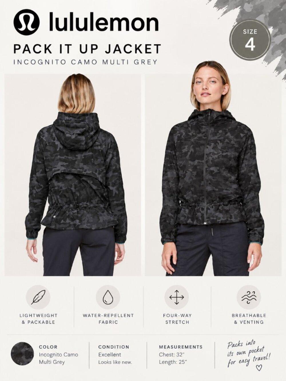 Lululemon Pack It Up Jacket Incognito Camo Multi Grey SIZE 4